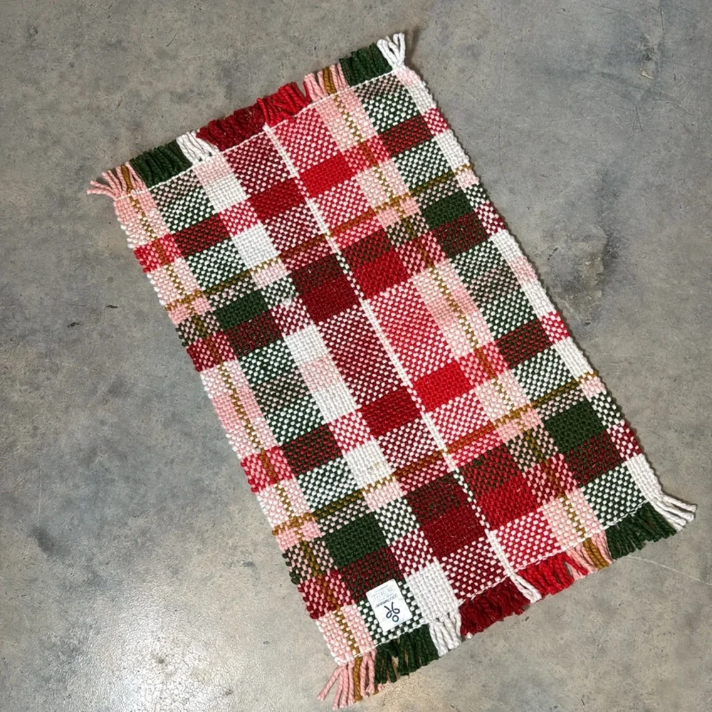 Handwoven Plaid Door Mat in Red, Green & Pink